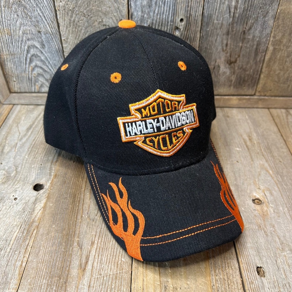 Harley-Davidson Mens Black Orange Flame Embroidered Logo Baseball Cap Hat OSFA